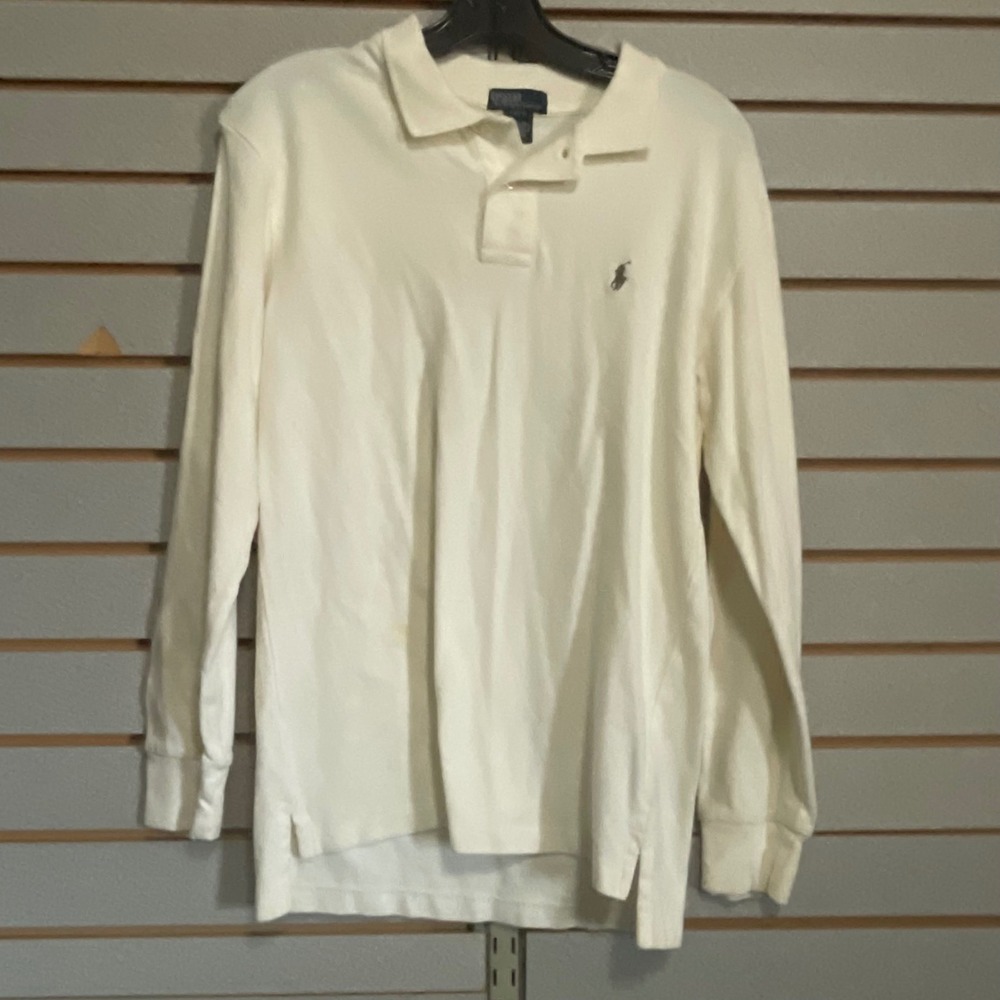 Polo Ralph Lauren Kids Large 14-16 Cream‎ White Long Sleeve Pique Polo Shirt